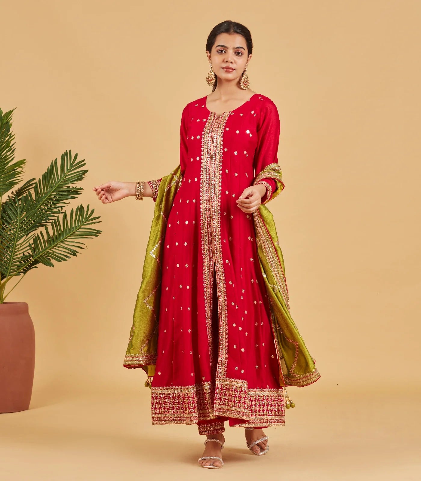 Bright Red Anarkali Set With Lime Green Dupatta
