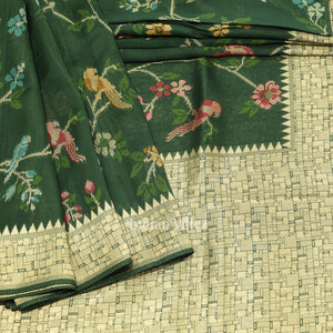 Dark Green Tussar Khaddi Georgette Banarasi Saree with Tassels