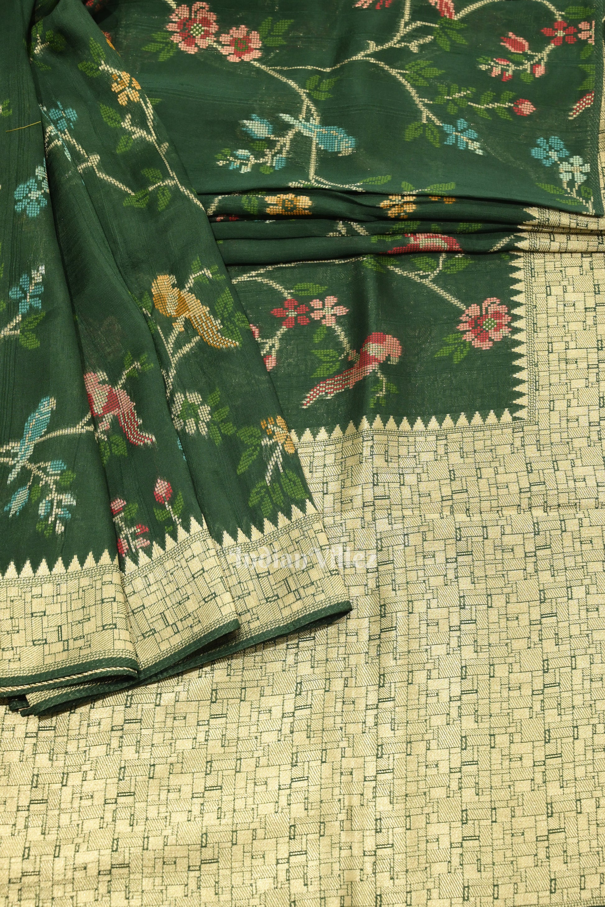 Dark Green Tussar Khaddi Georgette Banarasi Saree with Tassels