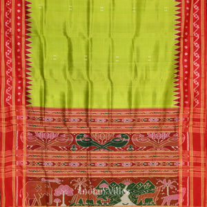 Parrot Green with Red Butta Design Odisha Ikat Khandua Silk Saree