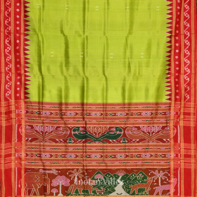 Parrot Green with Red Butta Design Odisha Ikat Khandua Silk Saree