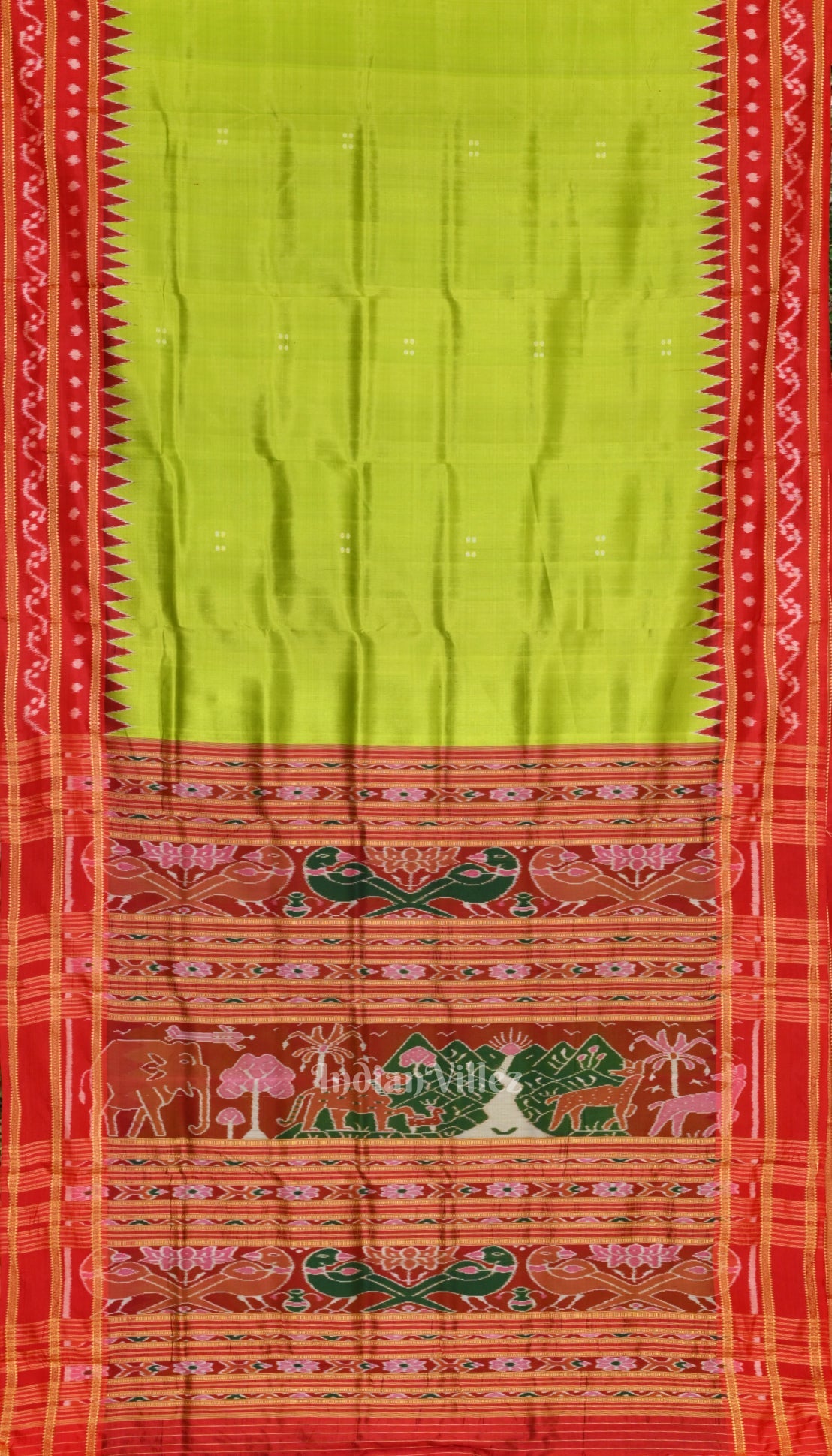 Parrot Green with Red Butta Design Odisha Ikat Khandua Silk Saree