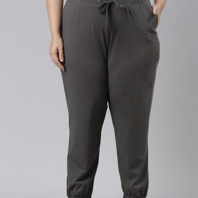 Women Solid Silver Grey Mid Rise Cotton Casual Joggers