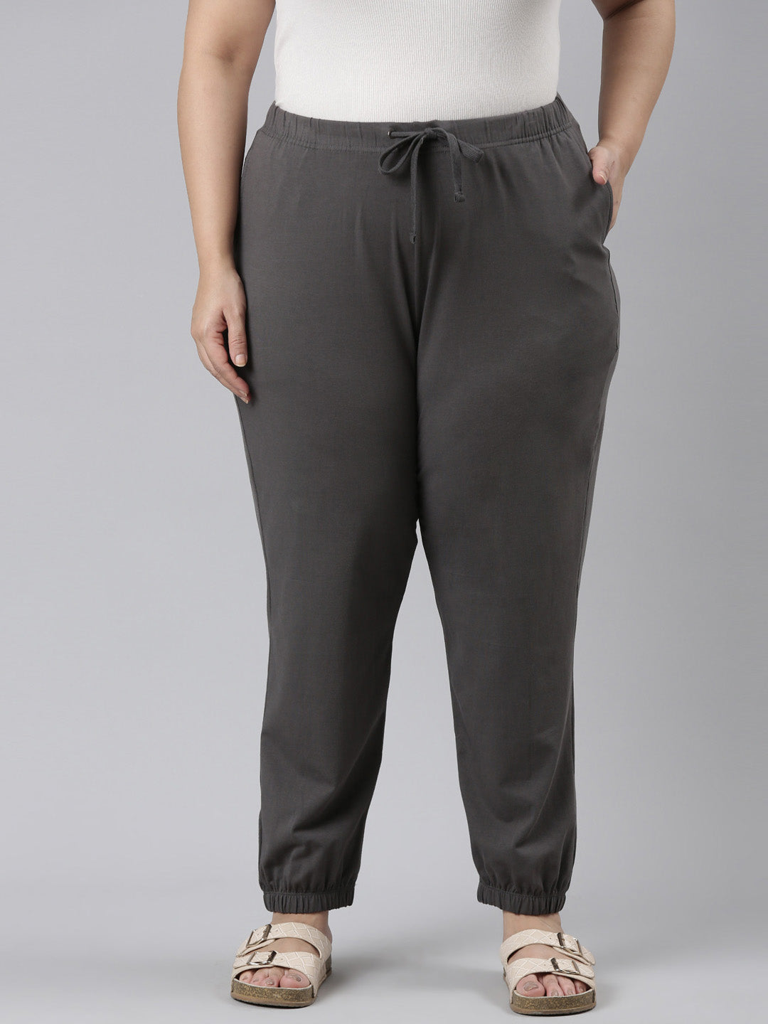 Women Solid Silver Grey Mid Rise Cotton Casual Joggers