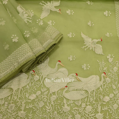 Pista Green Parsi Gara Floral Motif Hand Embroidered Saree