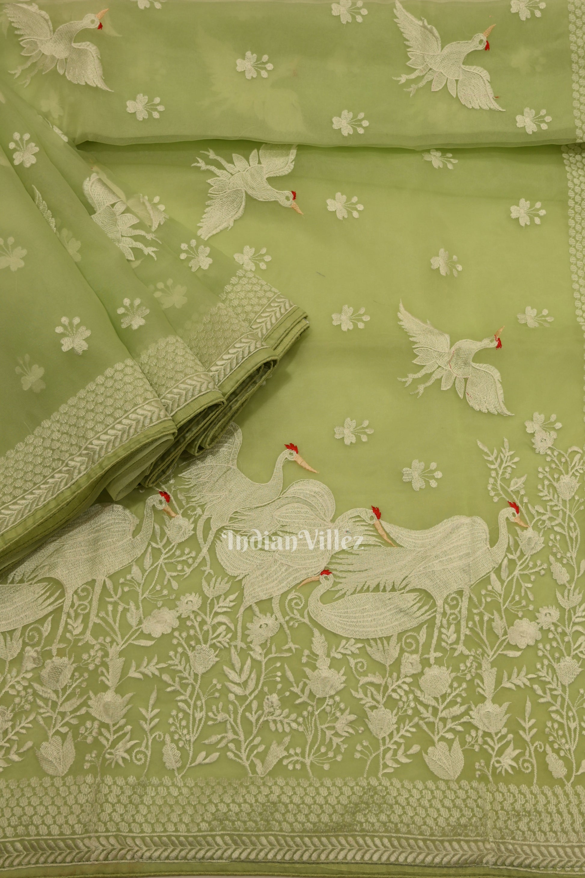 Pista Green Parsi Gara Floral Motif Hand Embroidered Saree