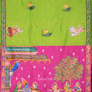 Green Pink Radha Krishna Hand-Painted Pattachitra Saree