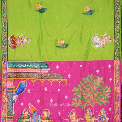 Green Pink Radha Krishna Hand-Painted Pattachitra Saree