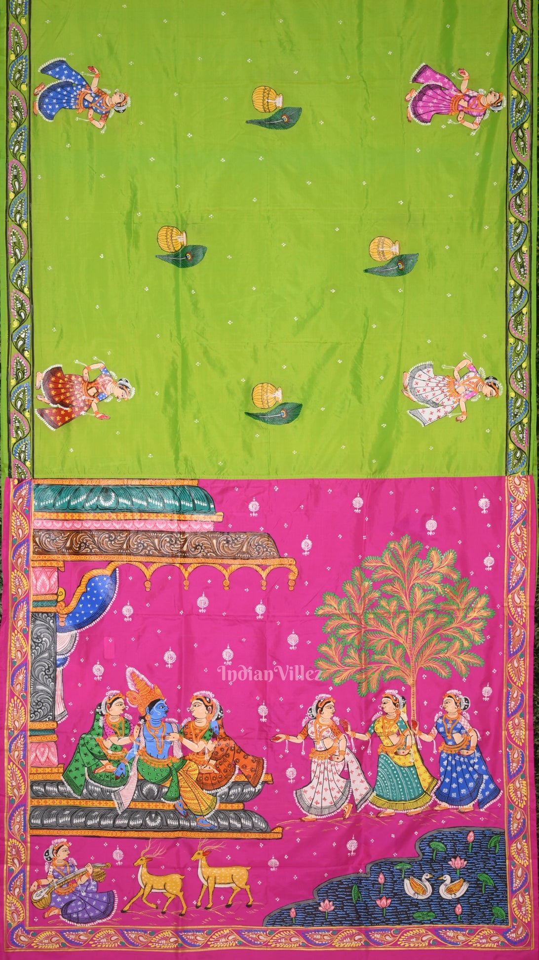 Green Pink Radha Krishna Hand-Painted Pattachitra Saree
