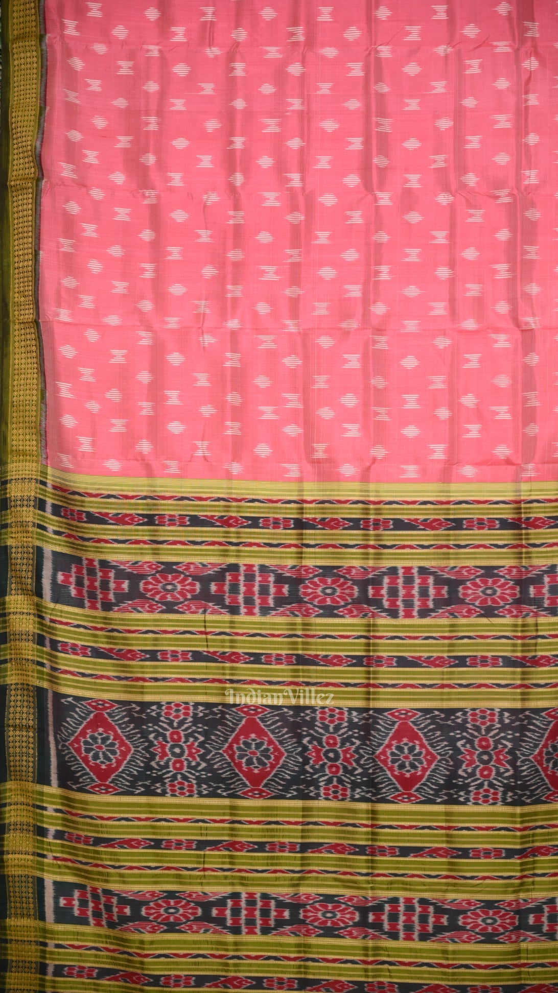 Baby Pink Mehendi Green Odisha Ikat Khandua Silk Saree