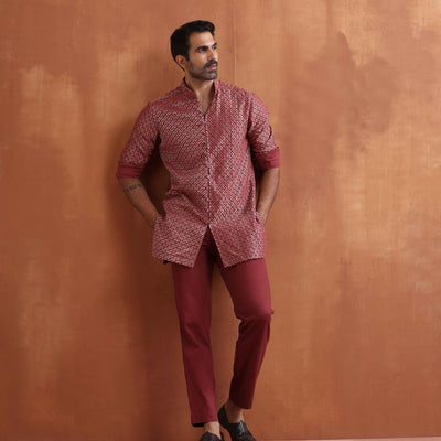 trueBrowns Men's Rust Cotton Dobby Short Kurta