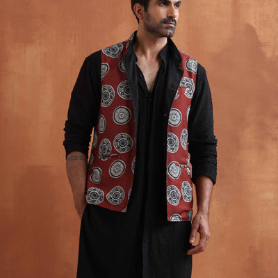 trueBrowns Men's Rust Printed Nehru Jacket
