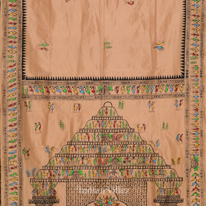 Beige Konark Temple Theme Pattachitra Silk Saree