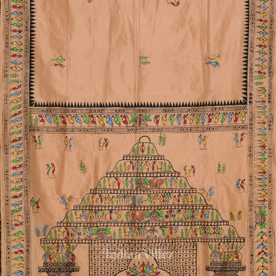 Beige Konark Temple Theme Pattachitra Silk Saree