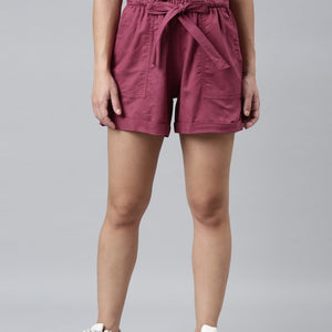 Women Solid Plum High Rise Linen Shorts