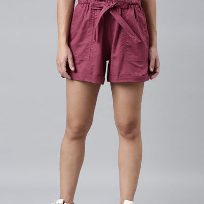 Women Solid Plum High Rise Linen Shorts