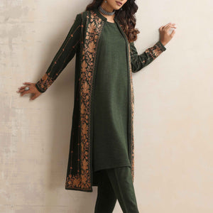 trueBrowns Green Kashmiri Woollen Jacket 3pc Set