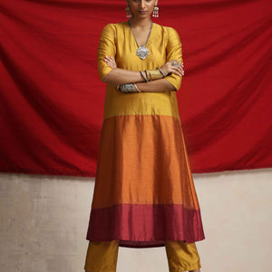 trueBrowns Gold Orange Silk A-line Kurta Set
