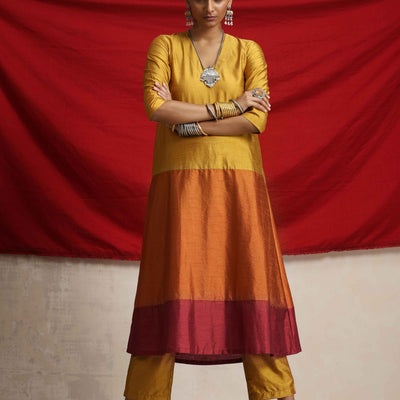 trueBrowns Gold Orange Silk A-line Kurta Set