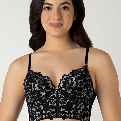 Femme Lace Padded Non-Wired Longline Bra - Black