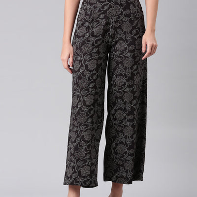 Women Black Woven Viscose Mid Rise Printed Palazzo