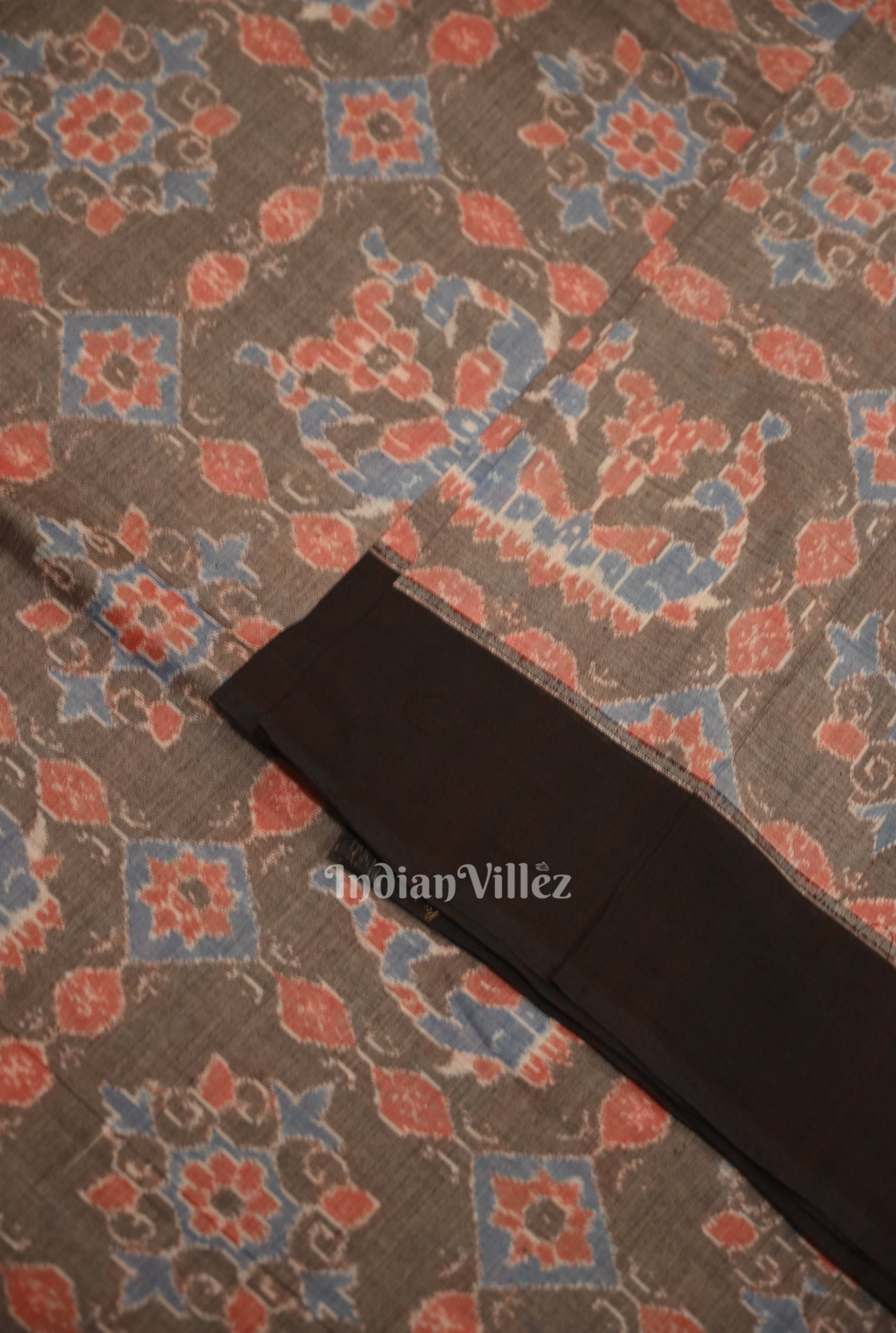 Cement Gray Black Fower Motif Sambalpuri Odisha Ikat Cotton Fabric