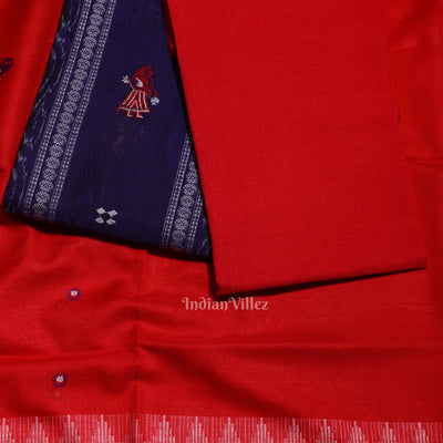 Blue Red  Doll Odisha Ikat Sambalpuri Cotton Dress Set with Dupatta