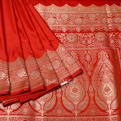 Exclusive Bridal Blood Red Soft Pure Mashru Satin Silk Banarasi Saree