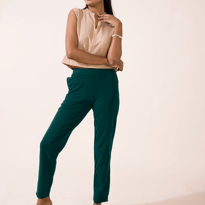 Women Solid Dark Green Cotton Mid Rise Kurti Pants