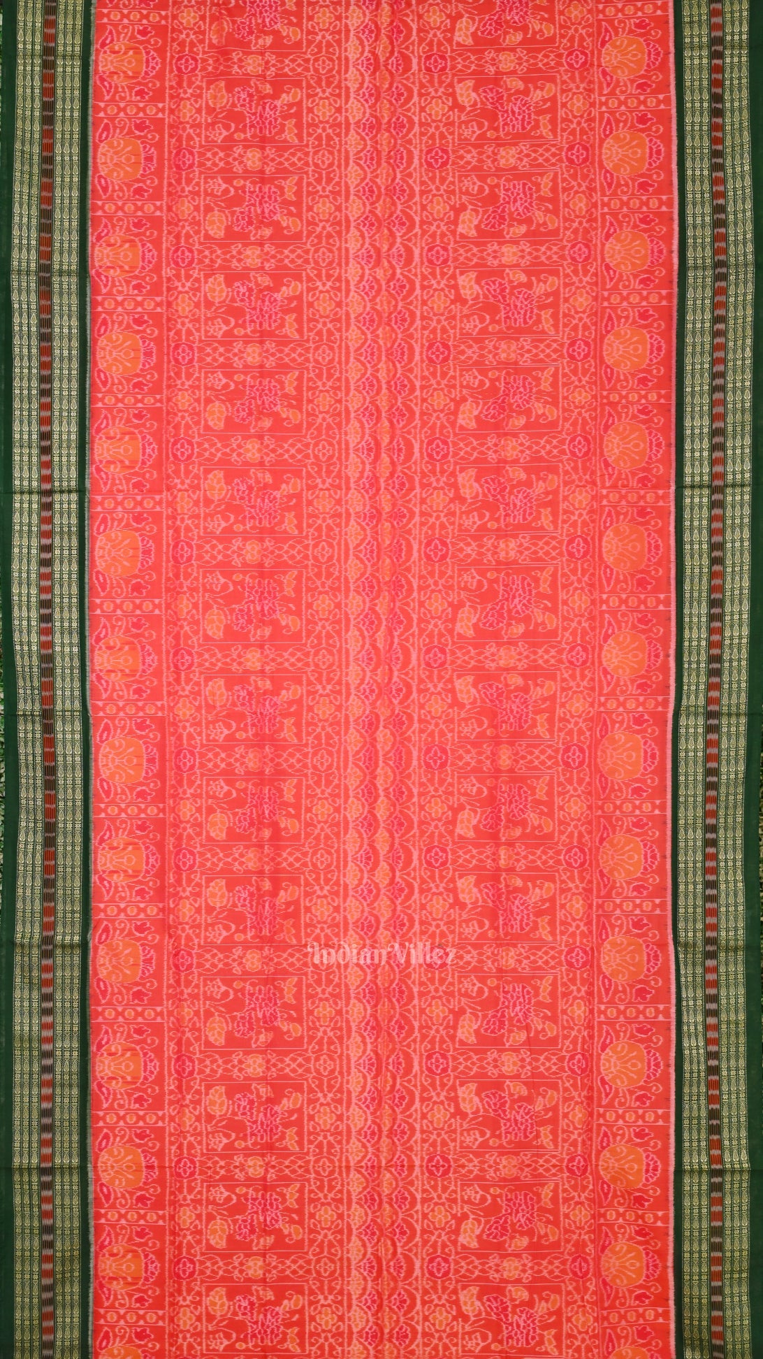 Peach Pink with Green Sambalpuri Cotton saree