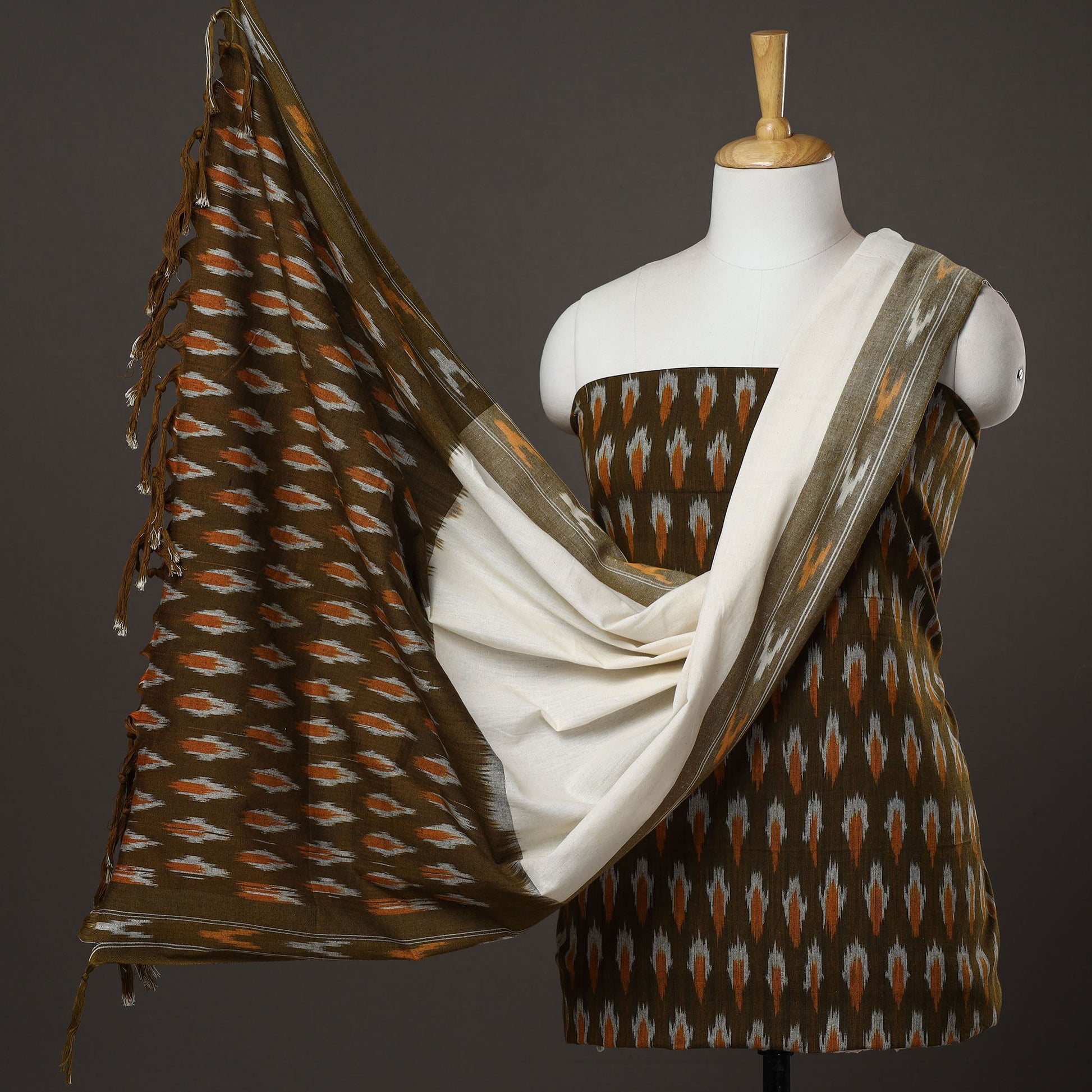 Brown - 3pc Cotton Handloom Pochampally Ikat Dress Material