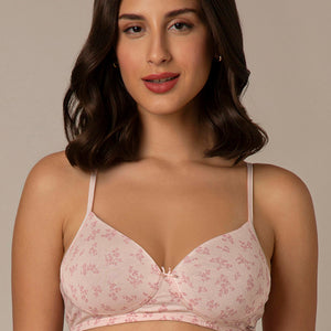 Simply Soft Padded Non-Wired Cotton Bra - Pink Floral Print