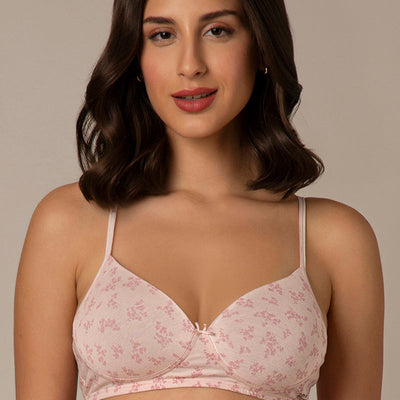 Simply Soft Padded Non-Wired Cotton Bra - Pink Floral Print