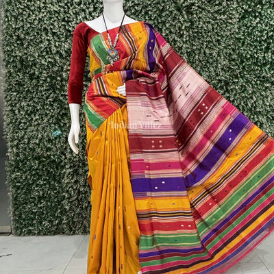 Golden Yellow Fish Motif Double Pallu Contemporary Silk Saree