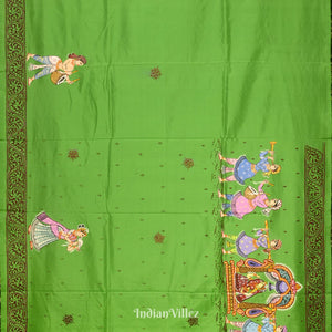 Green Doli Barat With Marriage Theme Hand-Painted Pattachitra Saree