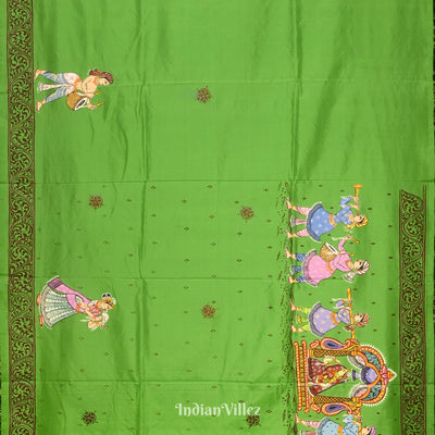 Green Doli Barat With Marriage Theme Hand-Painted Pattachitra Saree