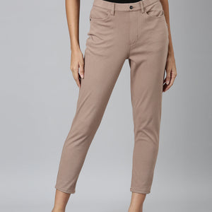 Women Solid Light Chocolate Mid Rise Cropped Jeggings