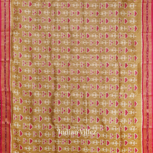 Golden Pink Tribal Art Odisha Ikat Khandua Silk Saree