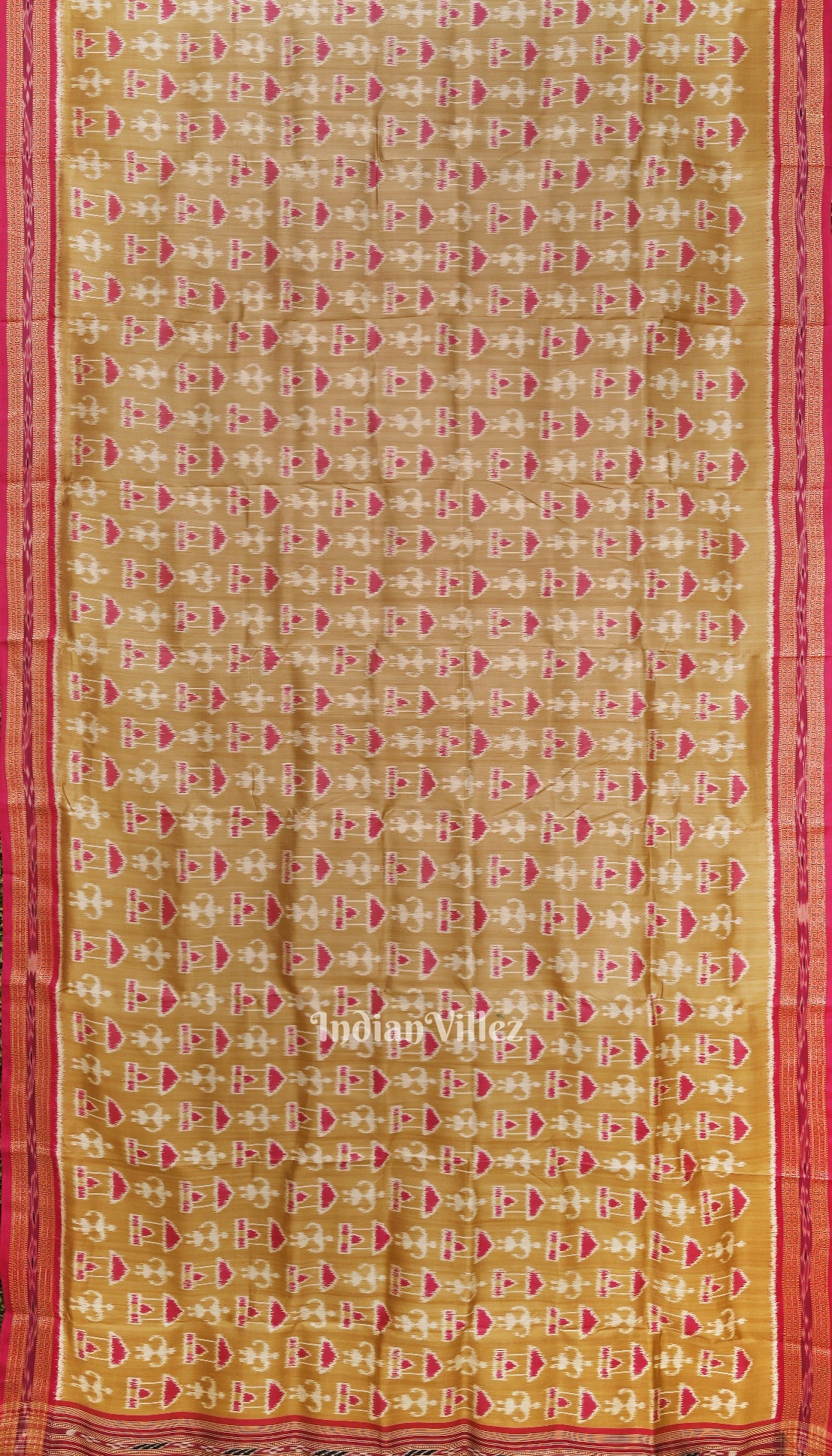 Golden Pink Tribal Art Odisha Ikat Khandua Silk Saree