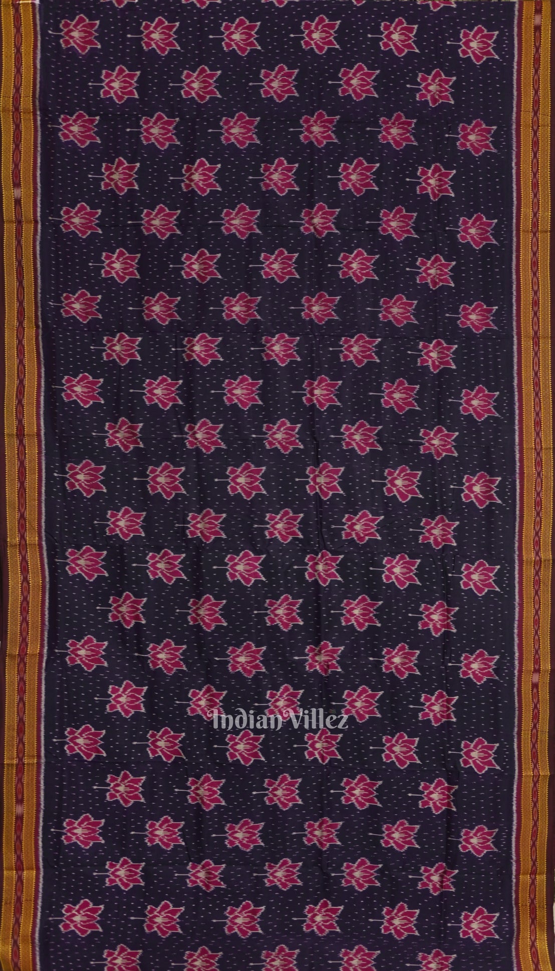 Dark Blue Lotus Design Odisha Ikat Khandua Silk Saree