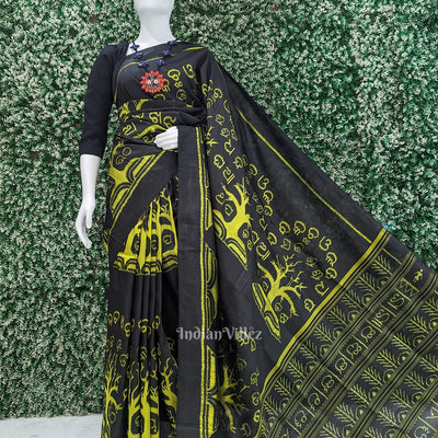 Black Neon Yellow Odia Barnamala Contemporary Silk Saree