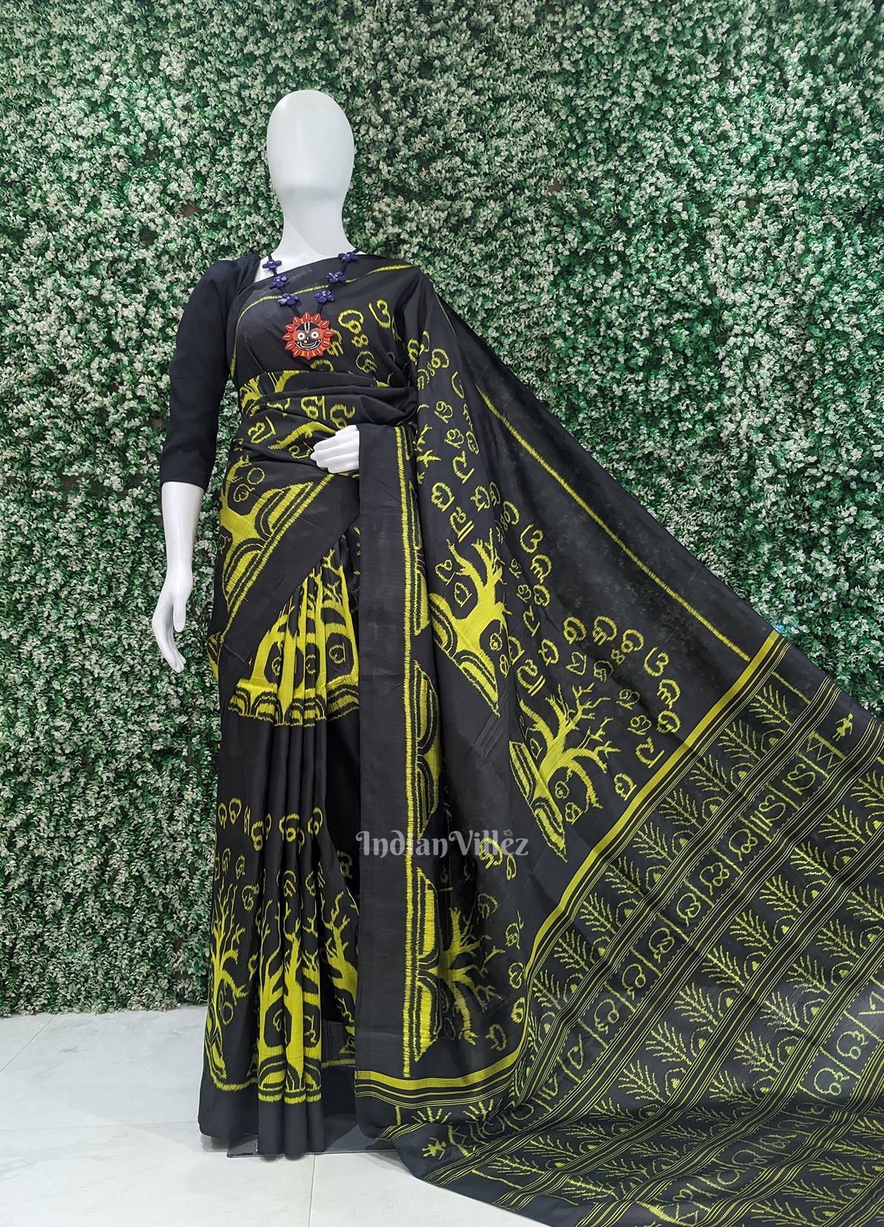Black Neon Yellow Odia Barnamala Contemporary Silk Saree