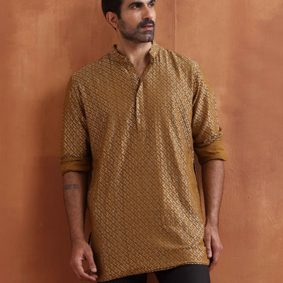 trueBrowns Men's Mustard Cotton Dobby Short Kurta