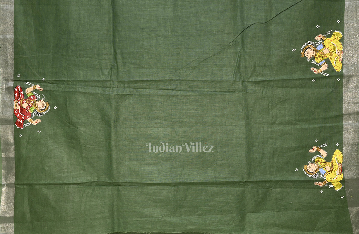 Green Nartaki Theme Hand-Painted Pattachitra Saree(PRE ORDER)