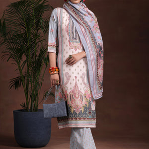Grey Printed Poly Crepe Straight Suit With Dupatta