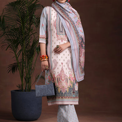Grey Printed Poly Crepe Straight Suit With Dupatta