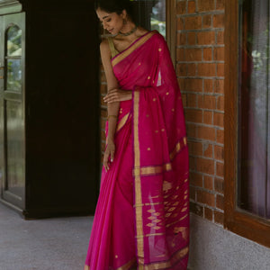 Hot Pink Handloom Venkatagiri Cotton Saree With Coin buttis and Jamdani Parrot Pallu Motifs