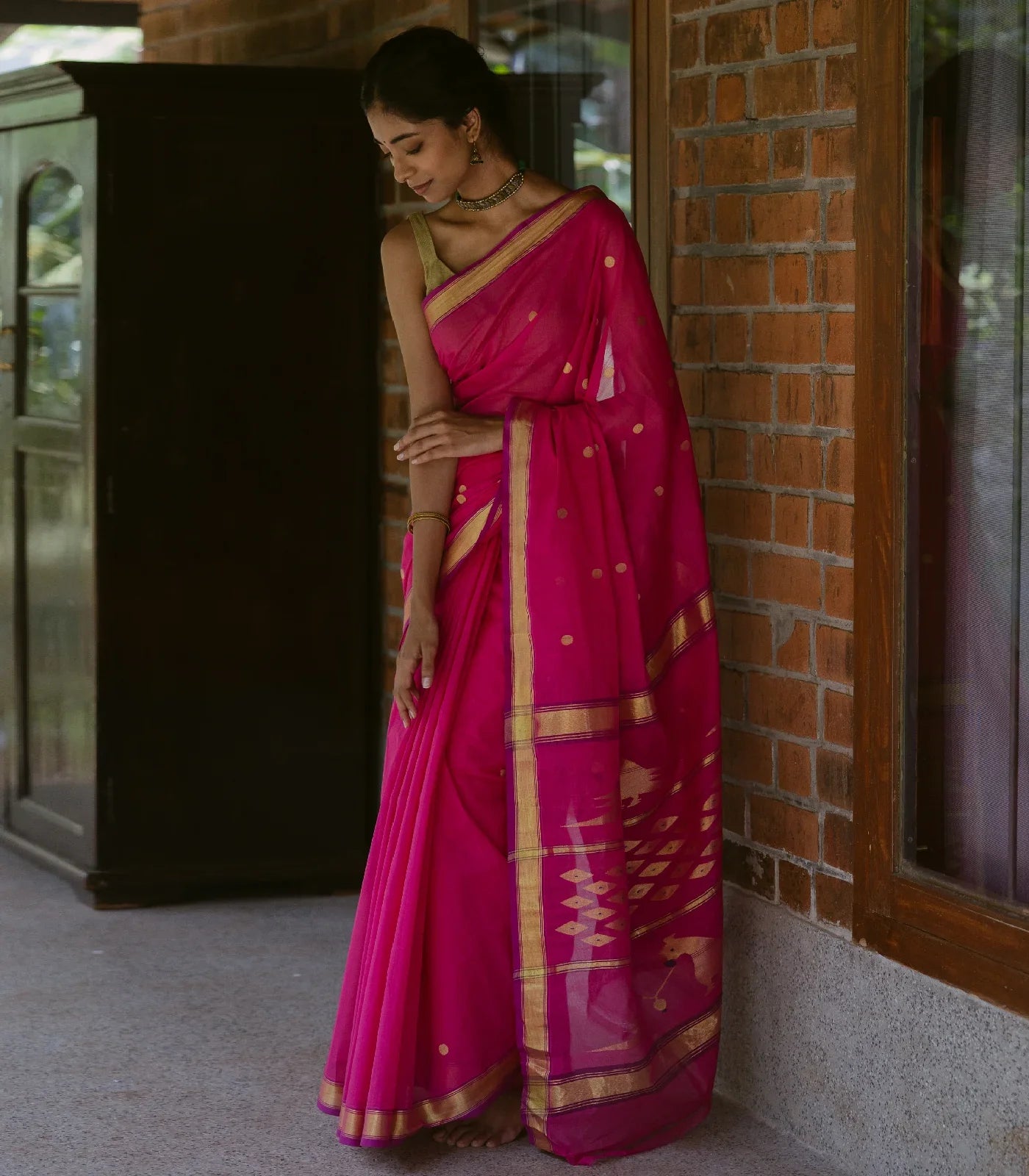 Hot Pink Handloom Venkatagiri Cotton Saree With Coin buttis and Jamdani Parrot Pallu Motifs