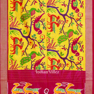 Yellow Nature With Wildlife Design Pochampally Ikat Silk Saree
