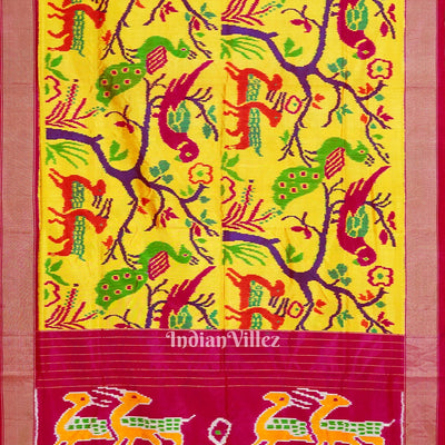 Yellow Nature With Wildlife Design Pochampally Ikat Silk Saree